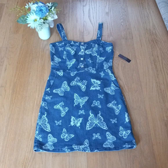 white christmas dresses DENIM BUTTERFLY MINI DRESS